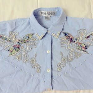 Jane Ashley VTG Beaded & Embroidered 100% Cotton Button Down Grannycore Medium